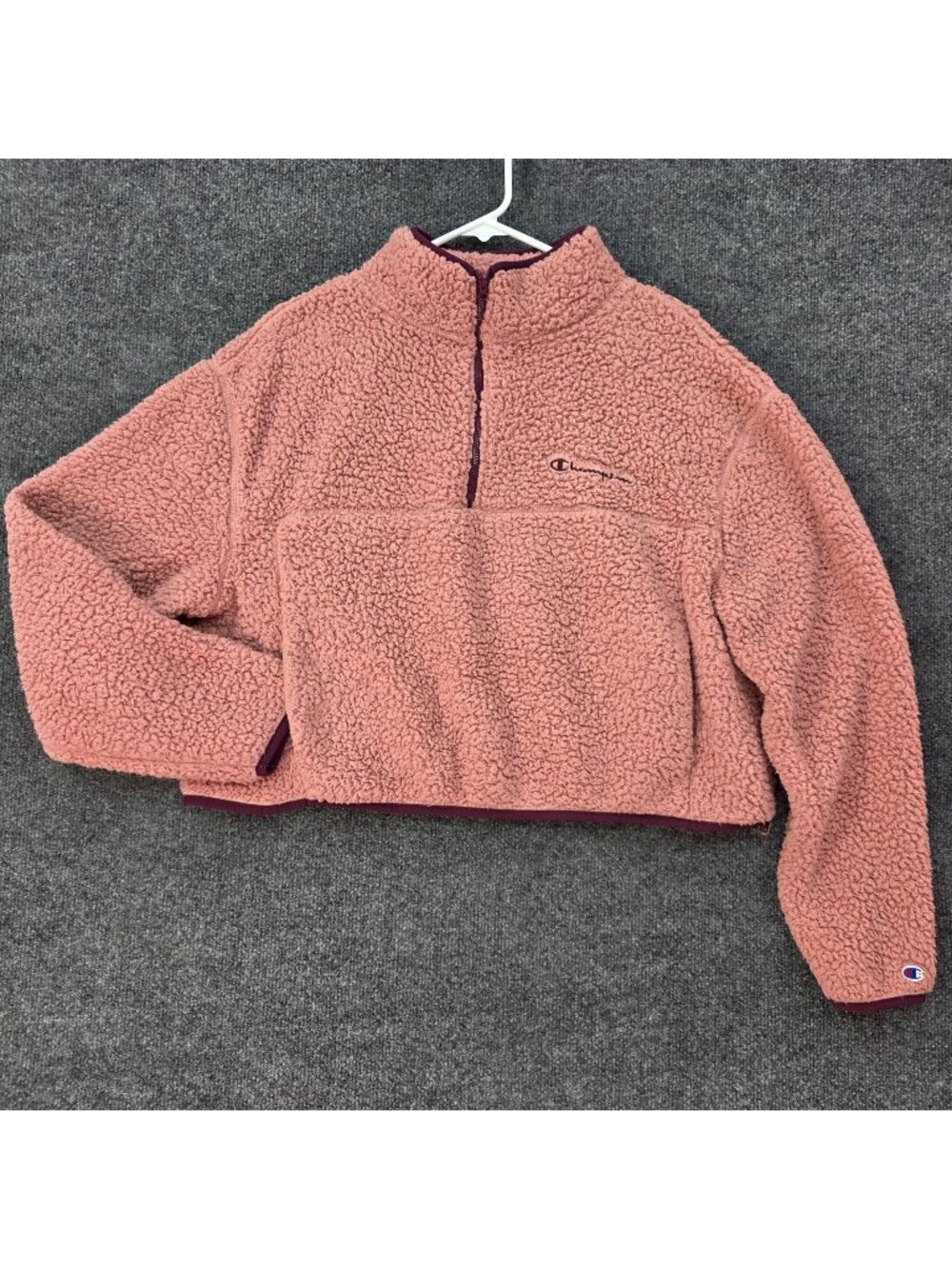 Champion Sherpa Fleece Cropped Teddy Jacket L Pink Quarter Zip Pullover Outdoor